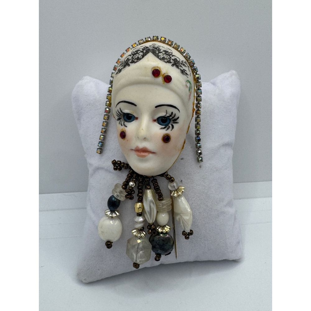 Artisan Porcelain Doll Head Stick Pin Rhinestone Beaded Mixed Media Brooch